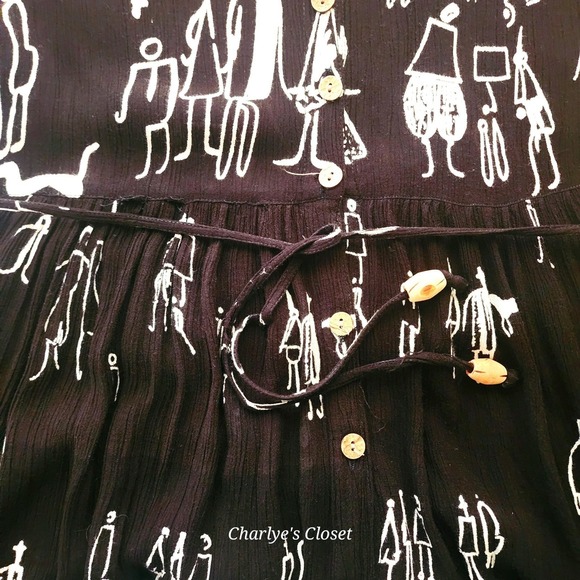 Boho Abstract‎ Figure Print Black White Rayon Midi Maxi Dress Size M - Picture 5 of 6